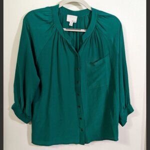 Greylin Green 100% Silk High Neck Open Top Raglan Sleeve Button Down Blouse
